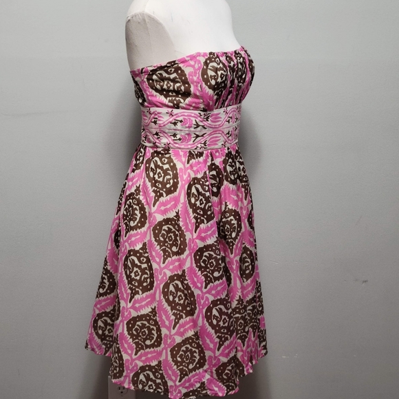 Anthro Plenty by Tracy Reese pink brown geo strapless silk blend dress size 6 - Picture 3 of 8